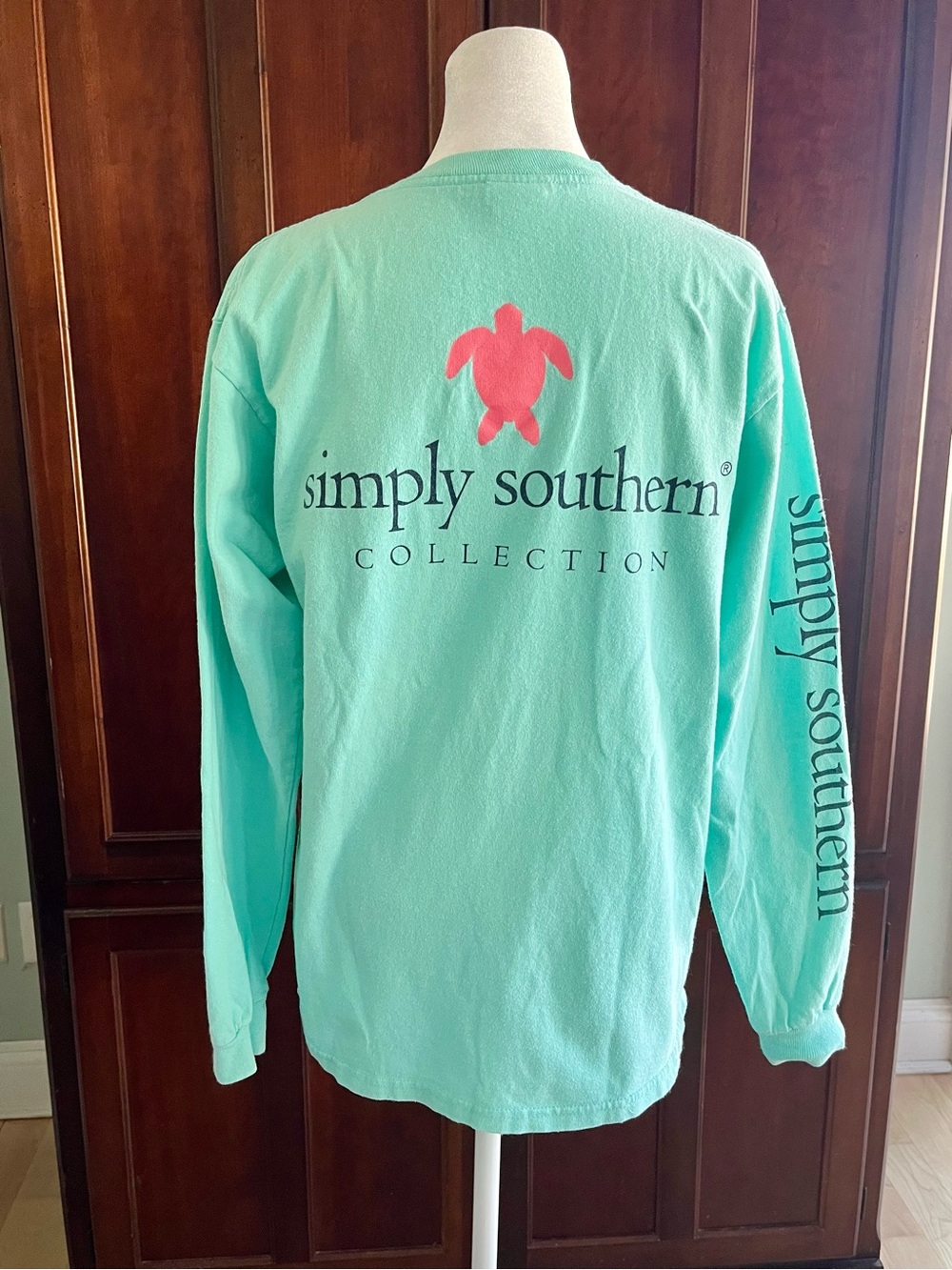 Simply Southern Women's Mint Green Long Sleeve Tee with Coral Turtle Graphic. M.